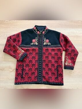 Icelandic Design Wool Embroidered Floral Nordic Sweater Jacket L